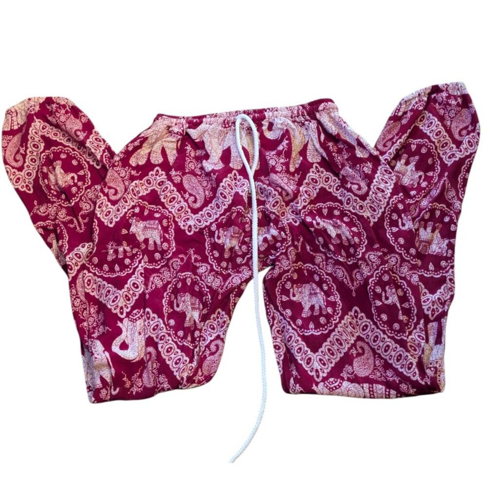 Earthbound Trading Co. Elephant Harem Pants Sz S Burgundy Boho Festival Rayon